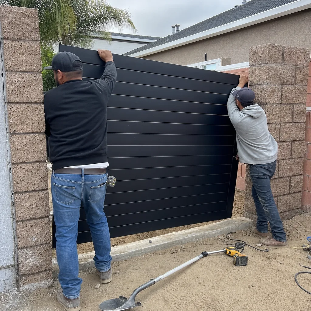 Two contractors installing a custom modern horizontal slat driveway gate.