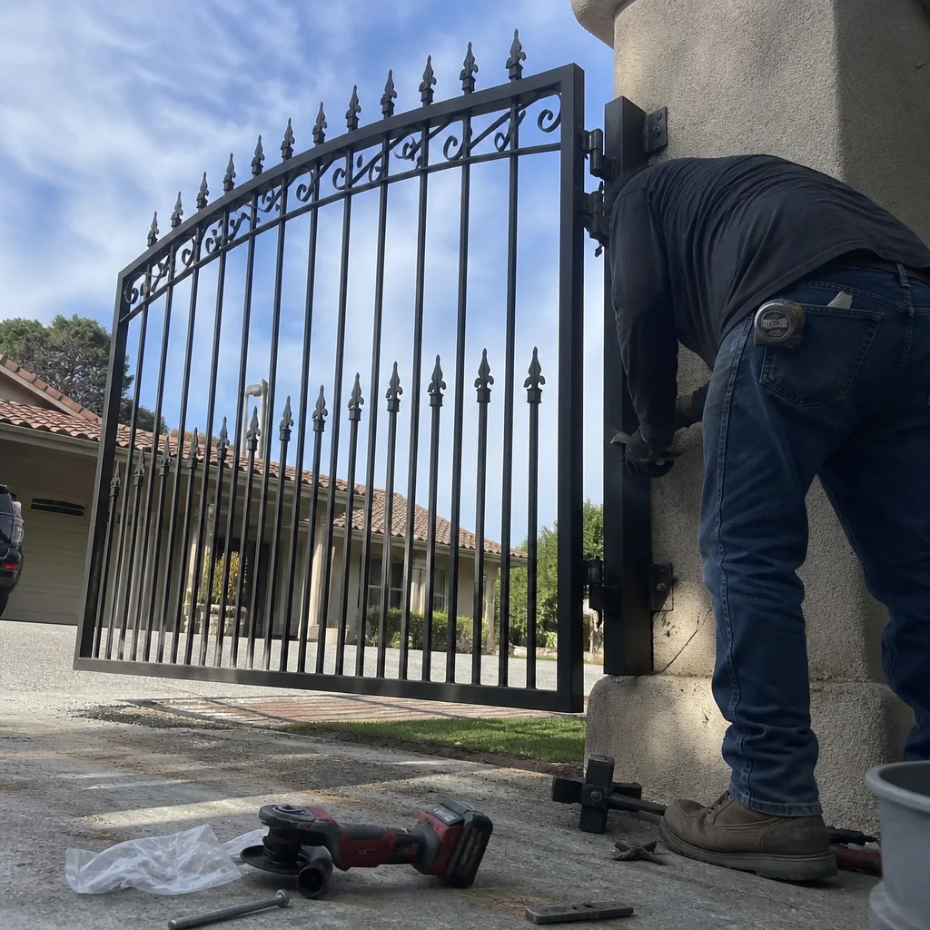 Contractor installing a decorative black metal driveway gate on a pillar