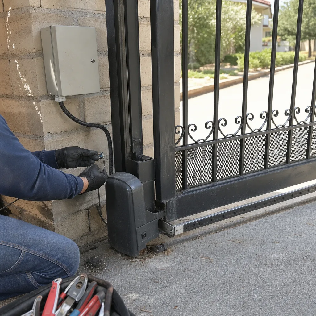 Technician repairing an automatic gate motor and electrical control box