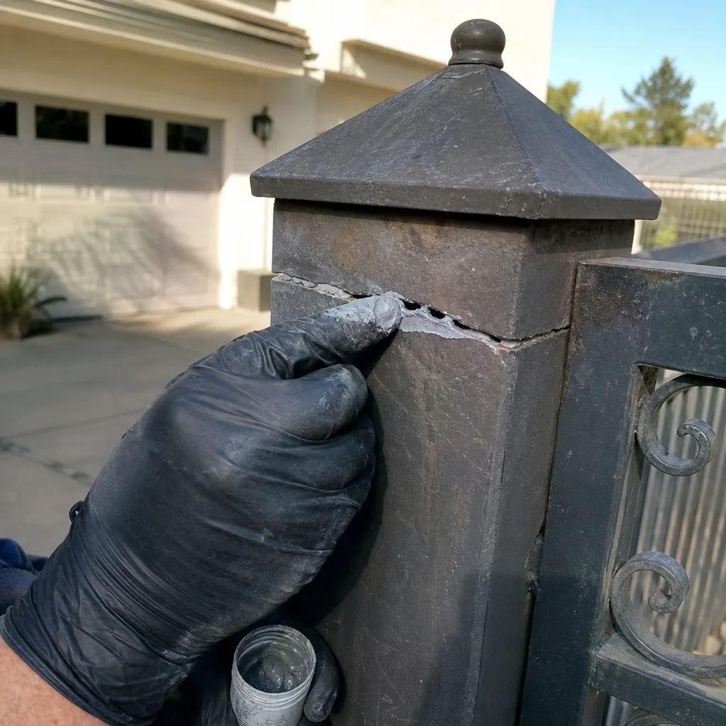 Professional applying metal filler to repair a cracked gate post