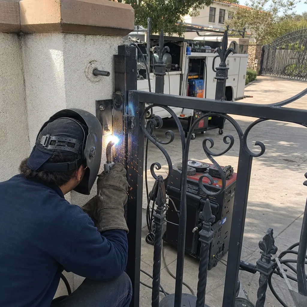 Professional welder performing iron gate repair and maintenance services