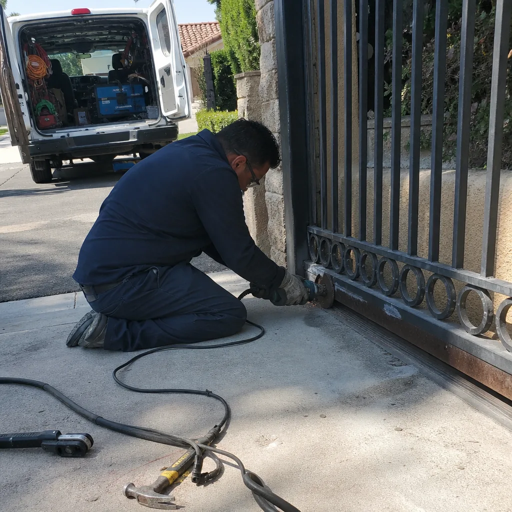 Gate technician using an angle grinder to repair a metal fence